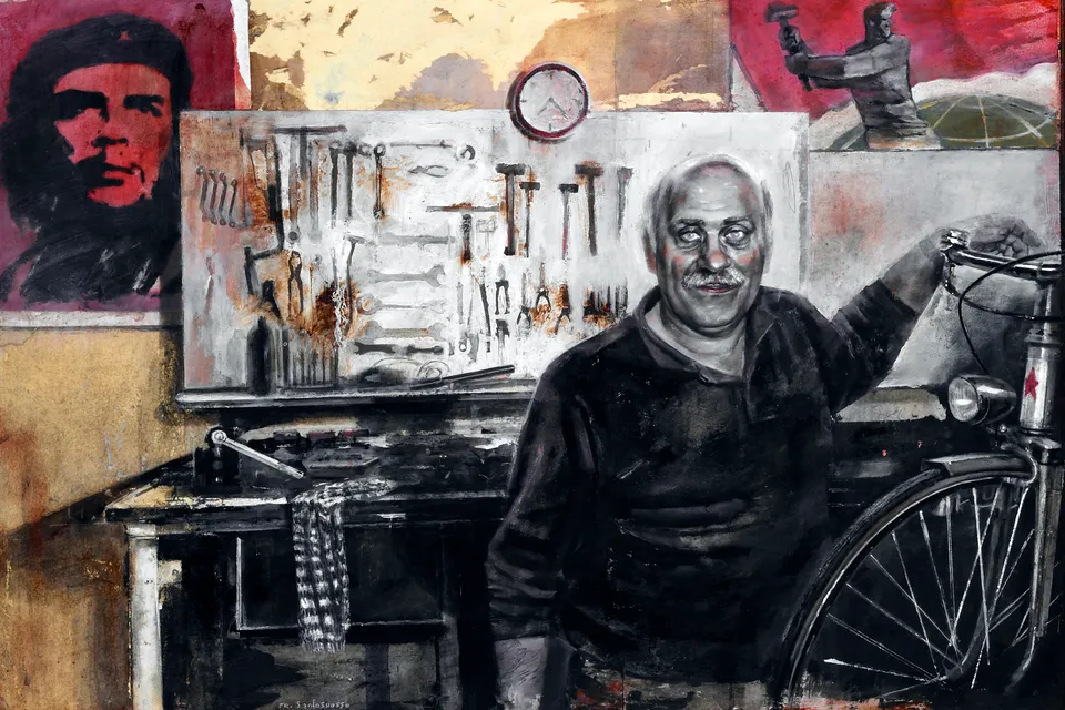 Francesco Santosuosso, Maurizio-BICICLETTE ROSSE, 2008, acrilico su metallo, 60×90 cm
