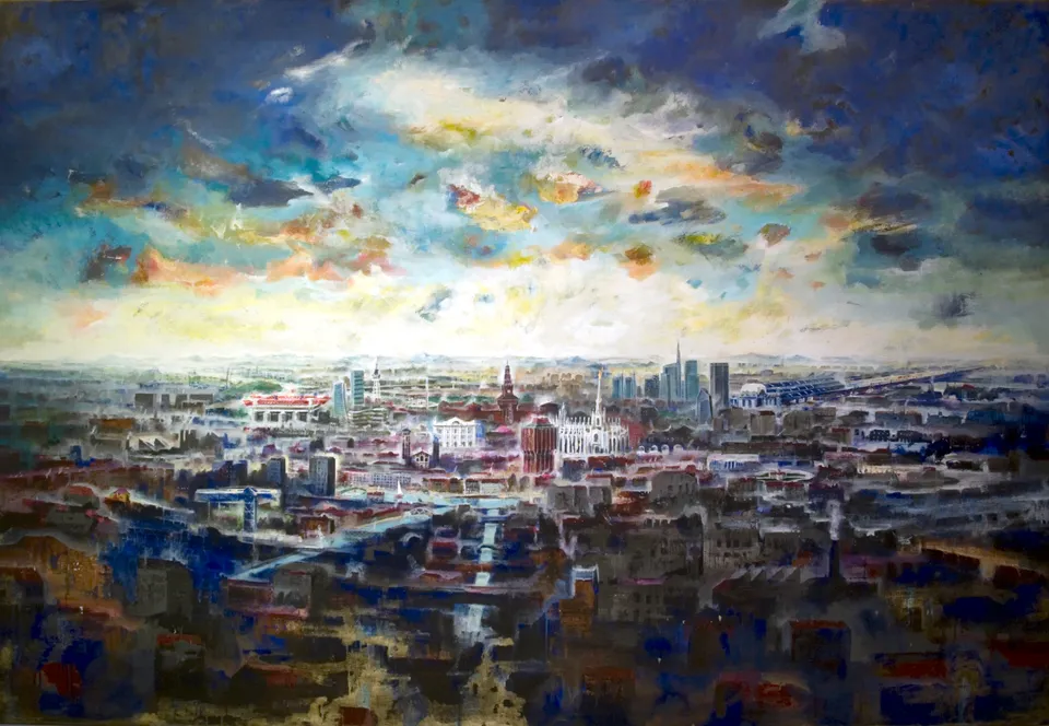 Francesco Santosuosso, Mediolanum, 2015, olio e acrilico su tela, 200×300 cm