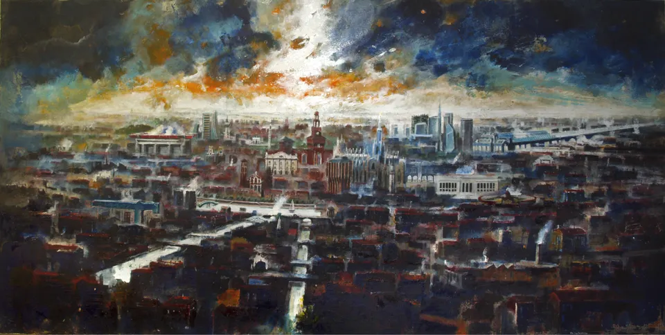Francesco Santosuosso, Mediolanum, 2017, olio e acrilico su tavola, 60×120 cm