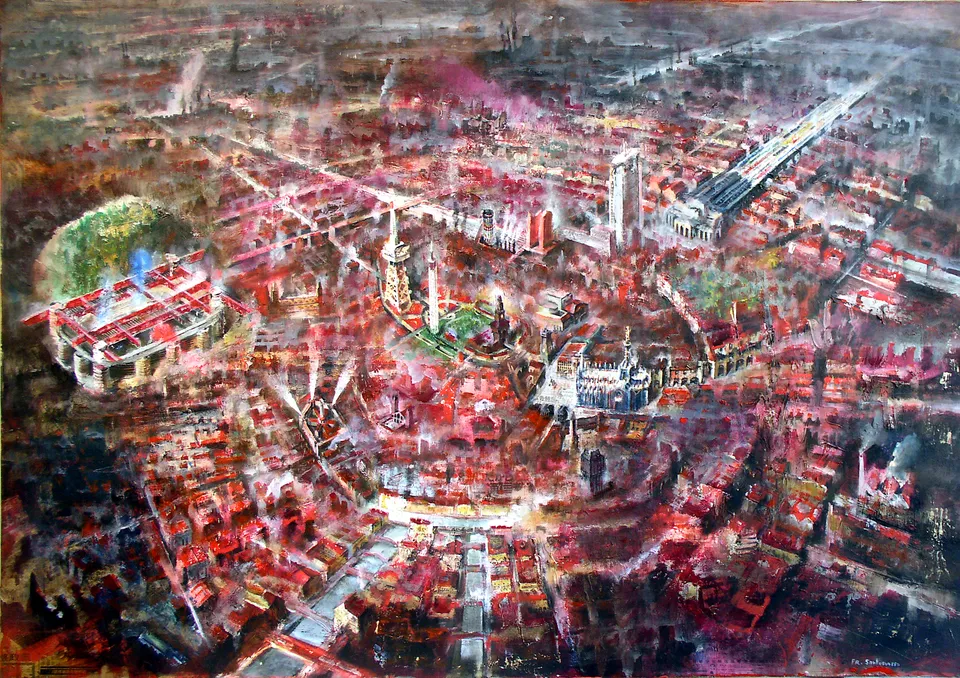 Francesco Santosuosso, Milano, 2007, olio e acrilici su tavola, 100×140 cm