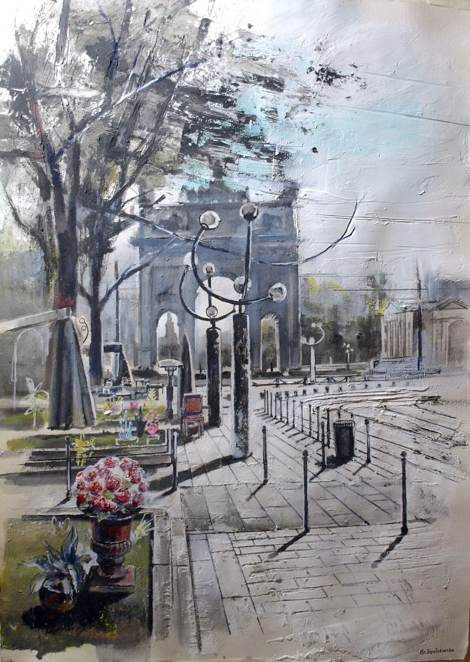 Francesco Santosuosso, MILANO, Piazza Sempione, 2022, olio, acrilici e inchiostro su carta, 71×51 cm