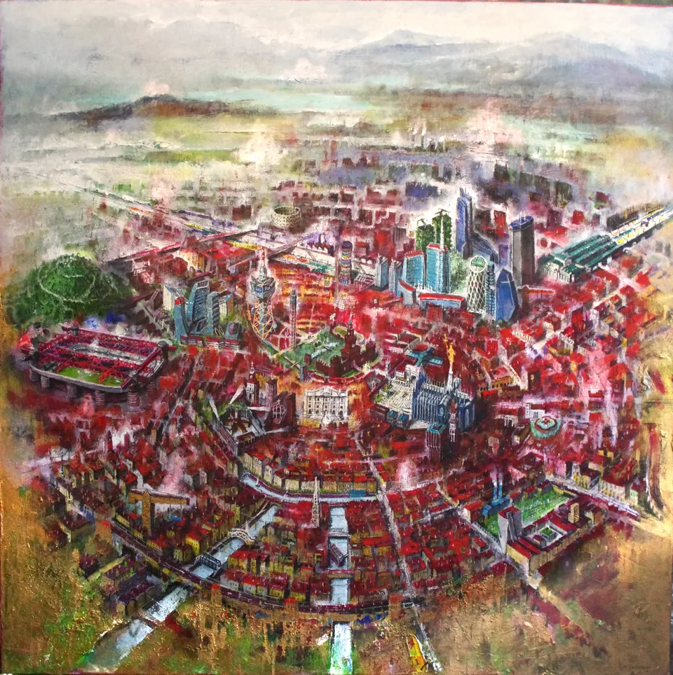 Francesco Santosuosso, Milano rossa, 2025, olio acrilici smalti su tela, 100×100 cm