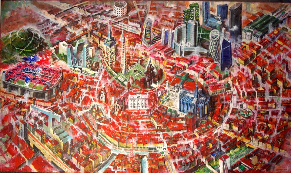 Francesco Santosuosso, Milano rossa acrikico su tavola, 2023, 70×150 cm