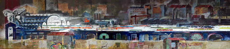 Francesco Santosuosso, Milano_stazione centrale, 2024, olio, acrilici,smalti su tavola, 40×180 cm