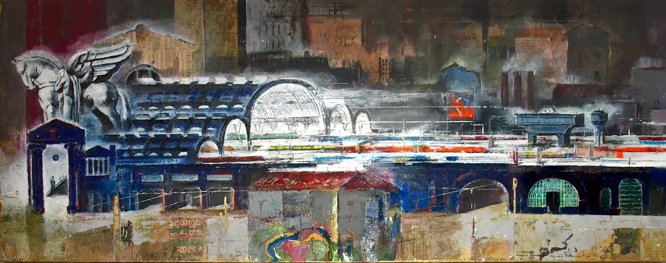 Francesco Santosuosso, Milano_stazione centrale, 2024, olio, acrilici,smalti su tavola, 40×180 cm