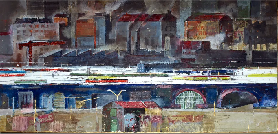 Francesco Santosuosso, Milano_stazione centrale, 2024, olio, acrilici,smalti su tavola, 40×180 cm