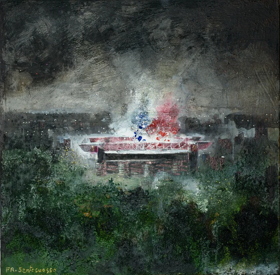 Francesco Santosuosso, Na grande nebbia a SAN SIRO 5, 2021, olio e acrilico su tavola, 20×20 cm