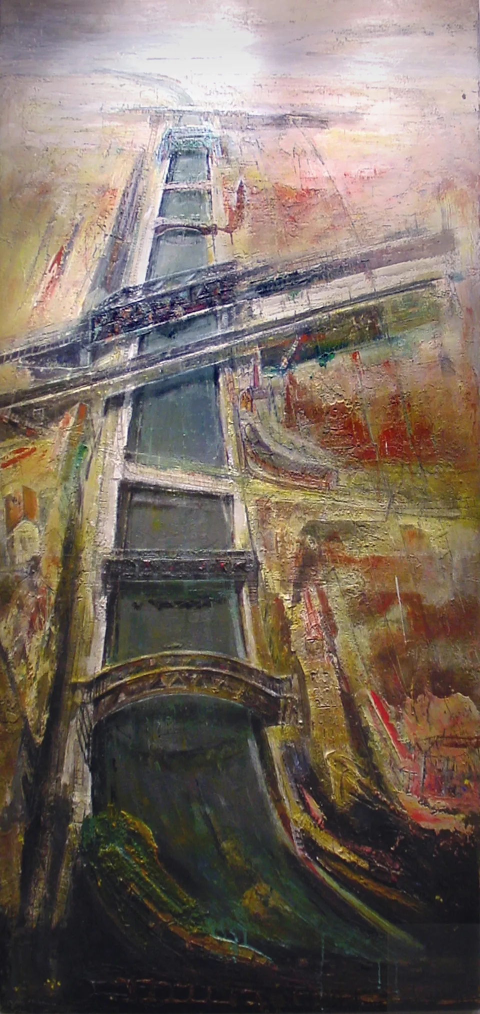 Francesco Santosuosso, Naviglio 10 ponti, 2000, tecnica mista su tavola, 140×70 cm
