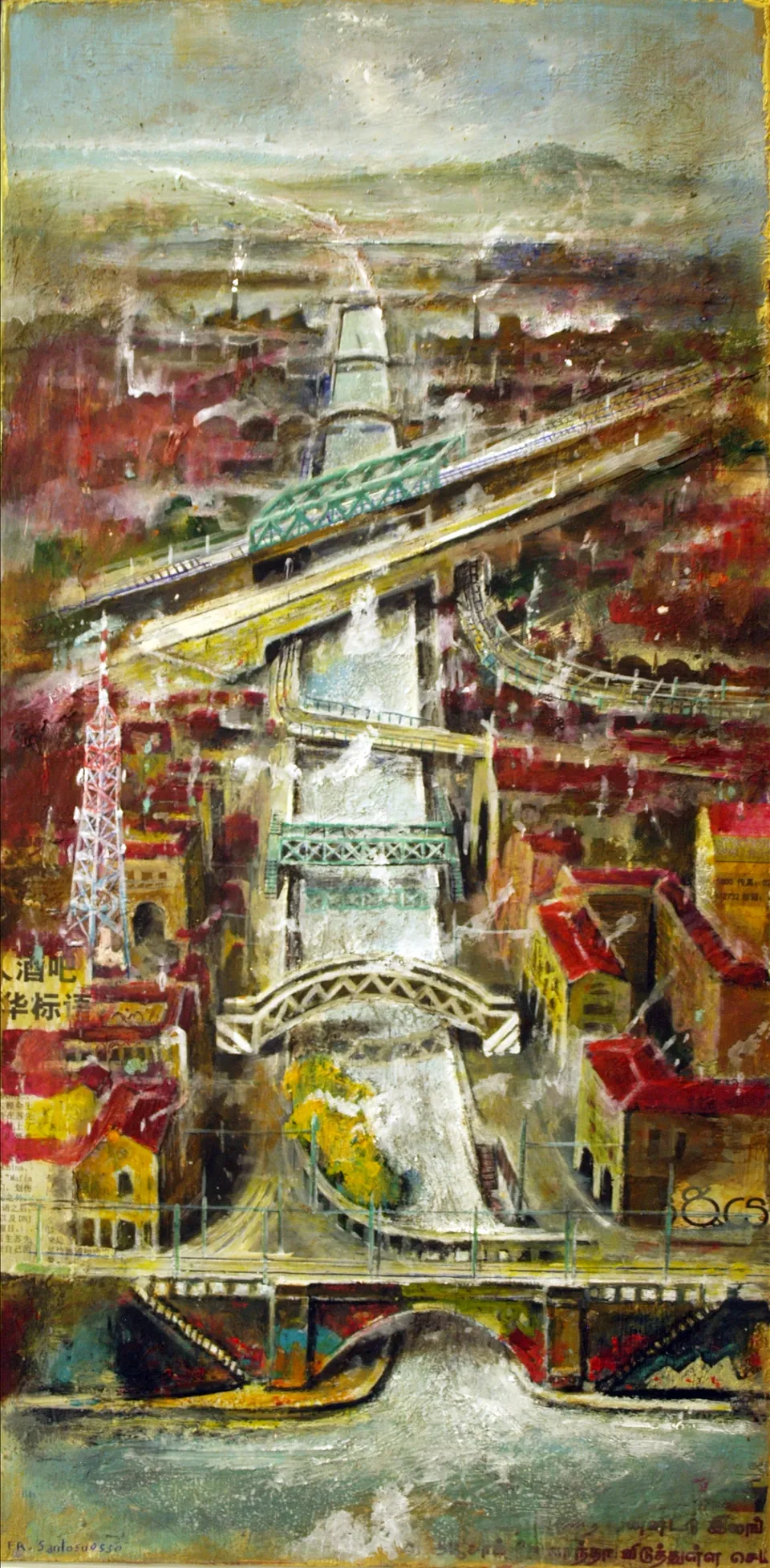 Francesco Santosuosso, Naviglio 10 ponti, 2015, acrilico su tavola, 62×30 cm