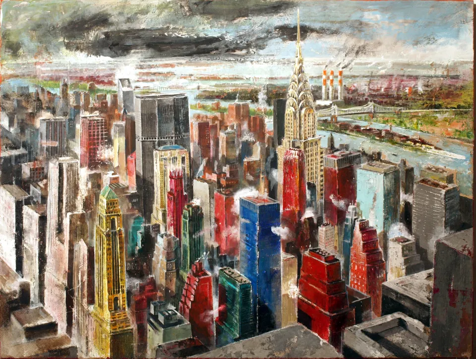 Francesco Santosuosso, New york, 2011, acrilici e stucchi su tavola agosto, 70×100 cm