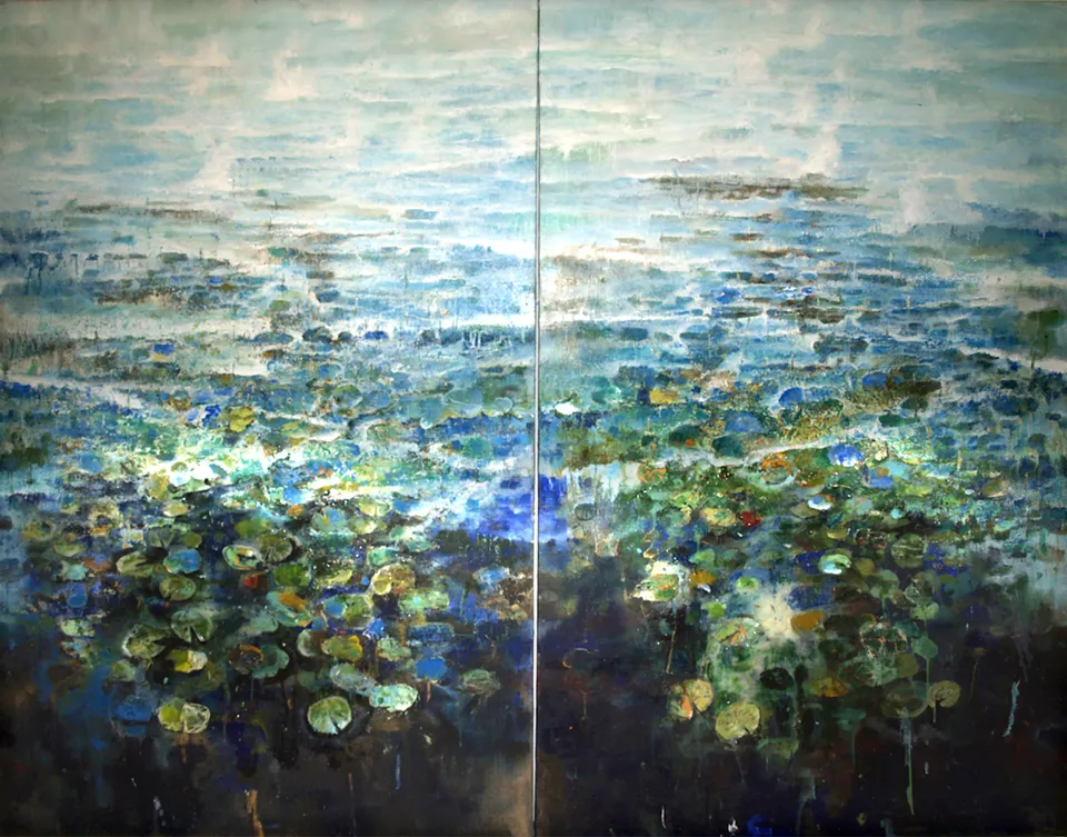 Francesco Santosuosso, Ninfee dittico, 2017, olio acrilici smalti e resine su tela, 150×100 cm
