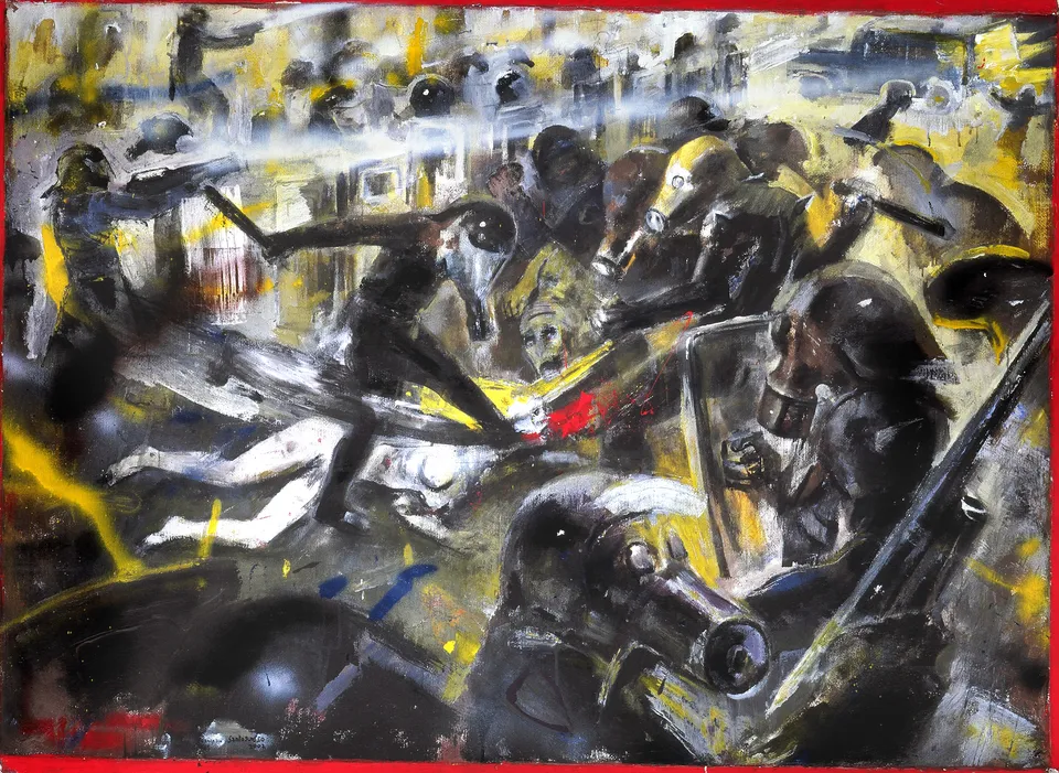 Francesco Santosuosso, No global, 2002, olio acrilici smalto su tela, 100×140 cm
