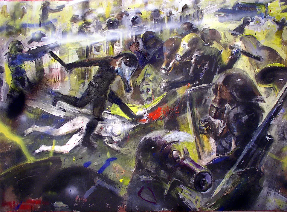 Francesco Santosuosso, No global, 2002, olio, 100×140 cm