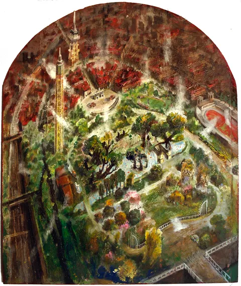 Francesco Santosuosso, Parco sempione, 2009, olio su tavola centinata, 84×68 cm
