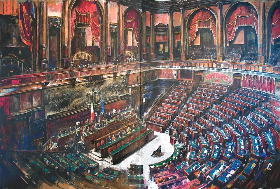 Francesco Santosuosso, PARLAMENTO - per biennale Venezi< regione lombardia, 2010, olio, acrilici, smalti, 200×300 cm
