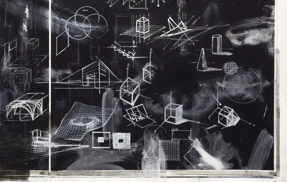 Francesco Santosuosso, Particolare 4 del dipinto Politecnico, 1989, tecnica mista su tela, 100×150 cm