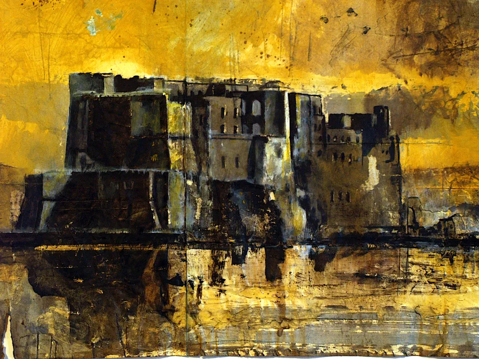 Francesco Santosuosso, PARTICOLARE Castel dell'Ovo1-inchiostro di, 2012, china e olio su carta, 32×98 cm