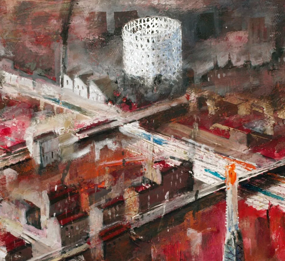 Francesco Santosuosso, Particolare con gasometro dell' opera MILANO, 2012, olio acrilici su tela, 70×100 cm