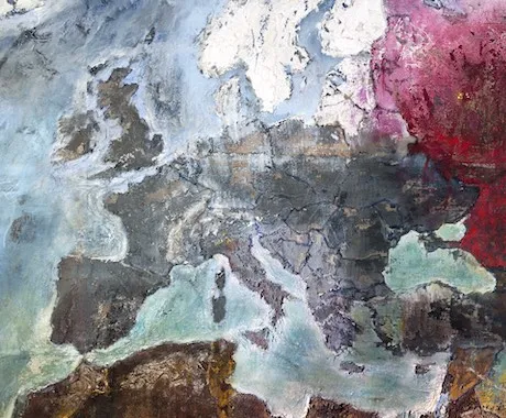 Francesco Santosuosso, Particolare con la vecchia EUROPA dell'opera PLANISFERO, 2015, tecniche miste su tela, 220×370 cm