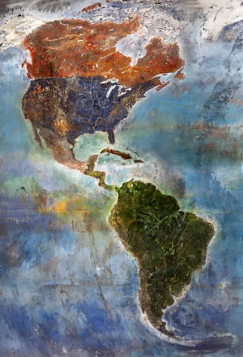 Francesco Santosuosso, Particolare con le americhe dell'opera PLANISFERO, 2015, tecniche miste su tela, 220×370 cm