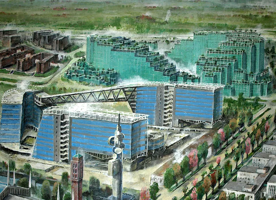 Francesco Santosuosso, Particolare con nuovo centro direzionale ENI di METANOPOLI, 2021, olio e acrilico su tela, 150×300 cm