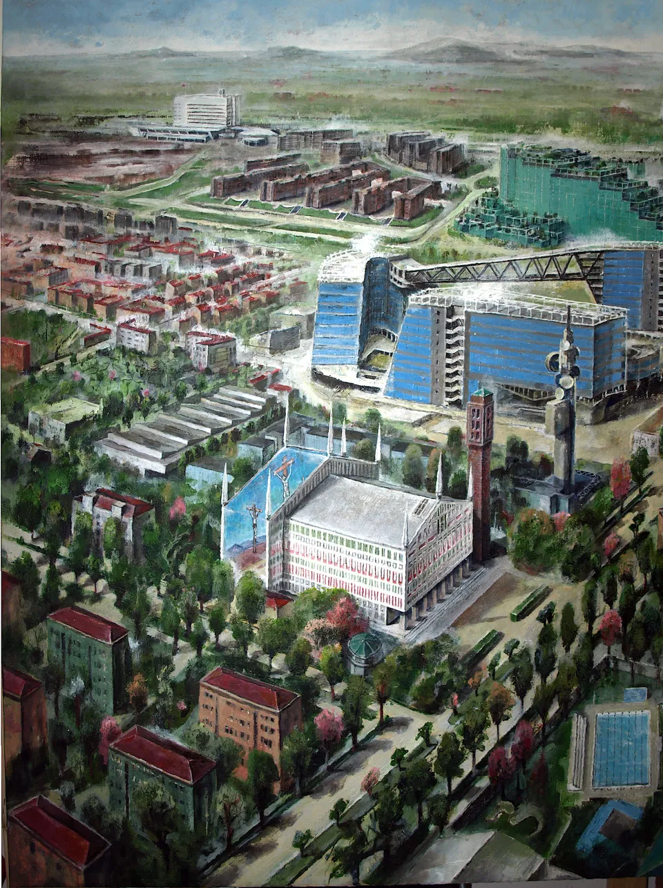 Francesco Santosuosso, Particolare con santa barbara -nuovo centro direzionale ENI- e quinto palazzo dell'opera METANOPOLI, 2021, olio e acrilico su tela, 150×300 cm