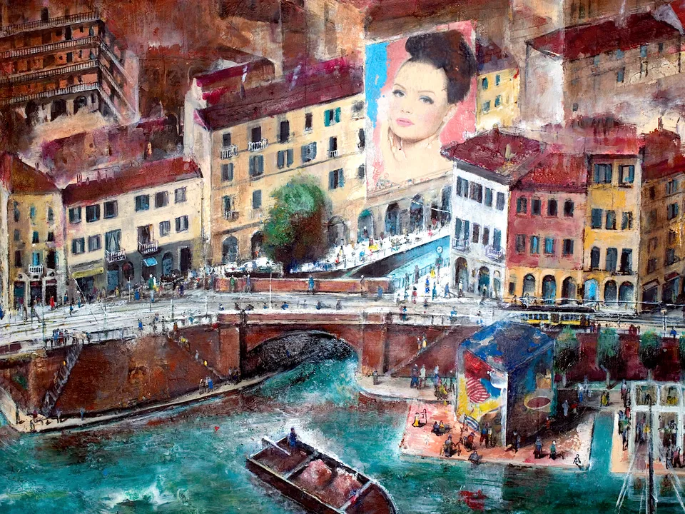 Francesco Santosuosso, Particolare del dipinto LA DARSENA DI MILANO, 2017, olio e acrilici su tavola, 70×140 cm
