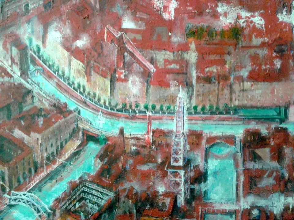 Francesco Santosuosso, Particolare del dipinto MILANO ROSSA Fr, 2020, olio e acrilici su tela, 150×200 cm