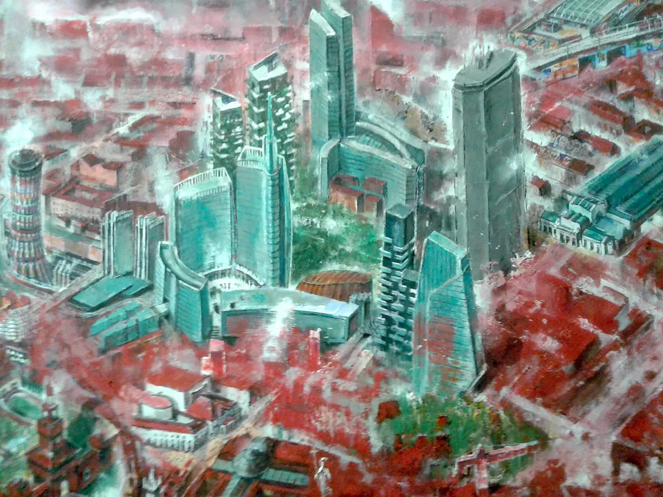 Francesco Santosuosso, Particolare del dipinto MILANO ROSSA Fr, 2020, olio e acrilici su tela, 150×200 cm