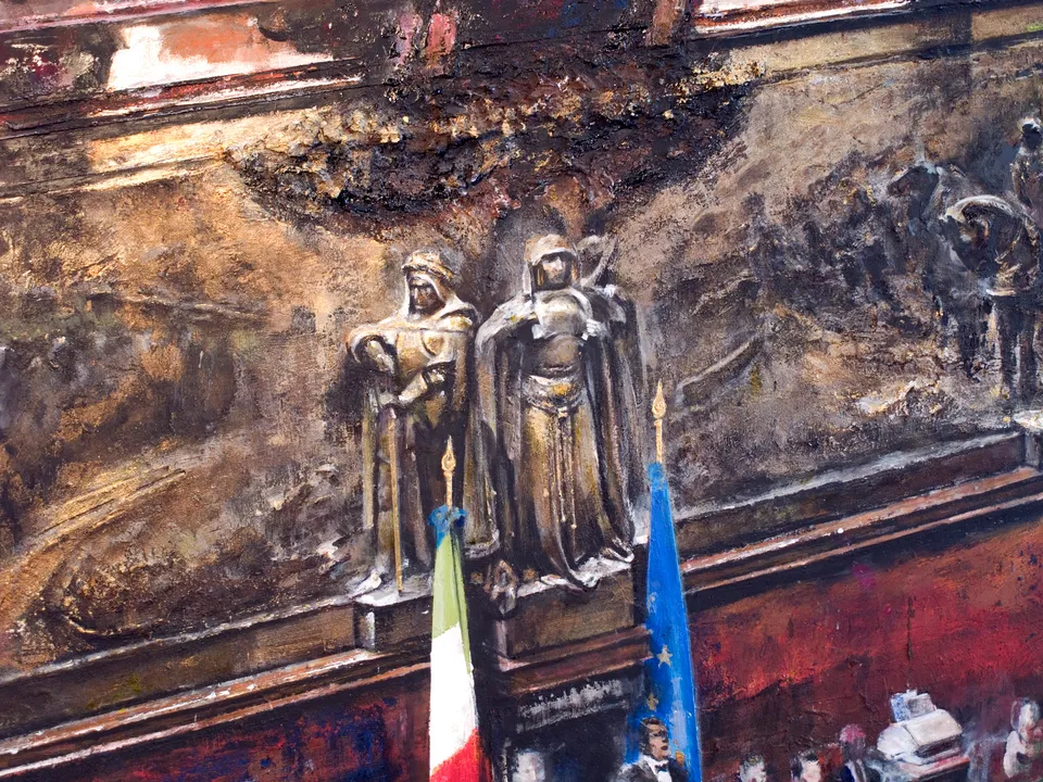 Francesco Santosuosso, Particolare di PARLAMENTO, 2010, olio, acrilici, smalti, 200×300 cm