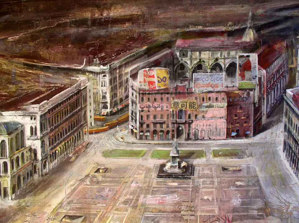 Francesco Santosuosso, Piazza Duomo, 2004, olio su tavola, 61×117 cm