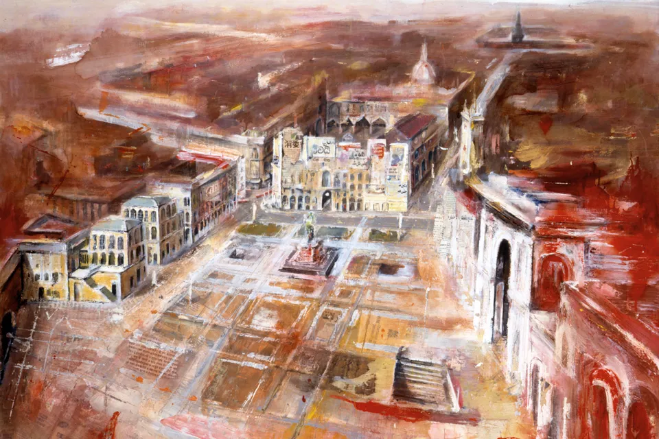 Francesco Santosuosso, Piazza duomo, 2003, olio su tela, 100×140 cm