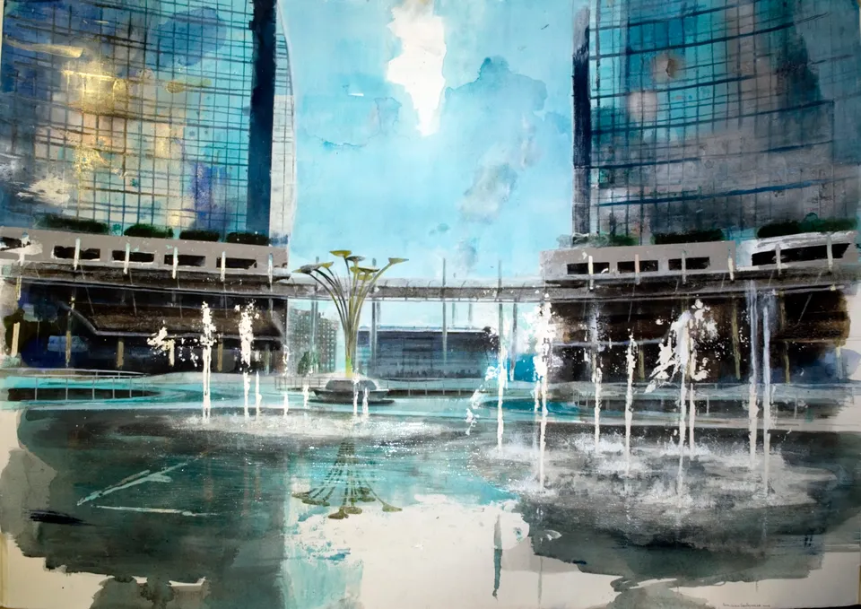 Francesco Santosuosso, Piazza gae aulenti, 2016, acquarello su carta, 70×100 cm