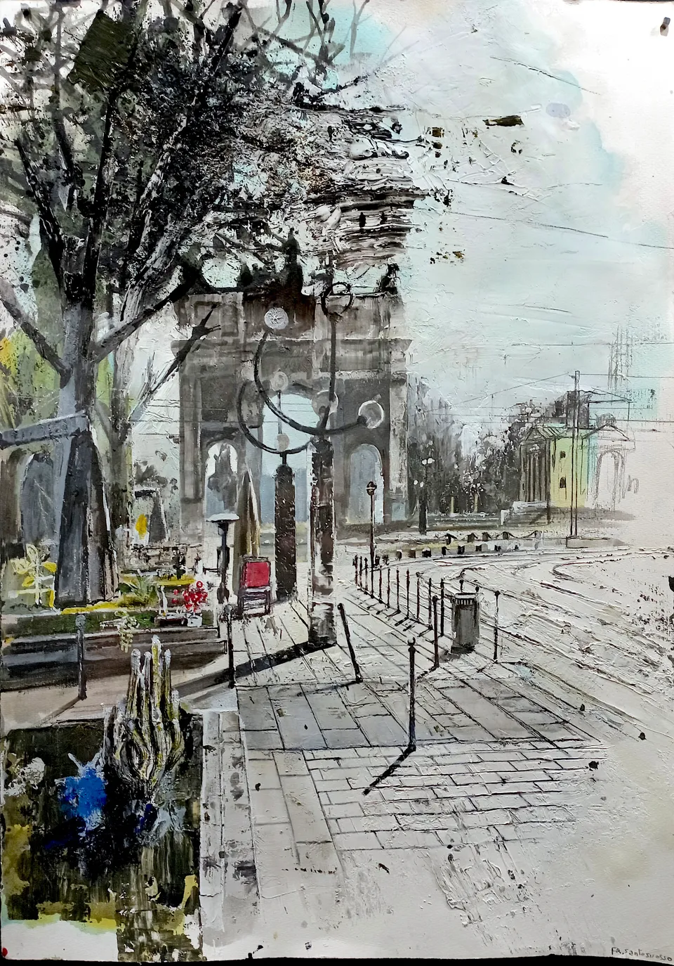 Francesco Santosuosso, Piazza sempione, 2022, china , stucco ecoline, e acrilico su carta, 70×50 cm