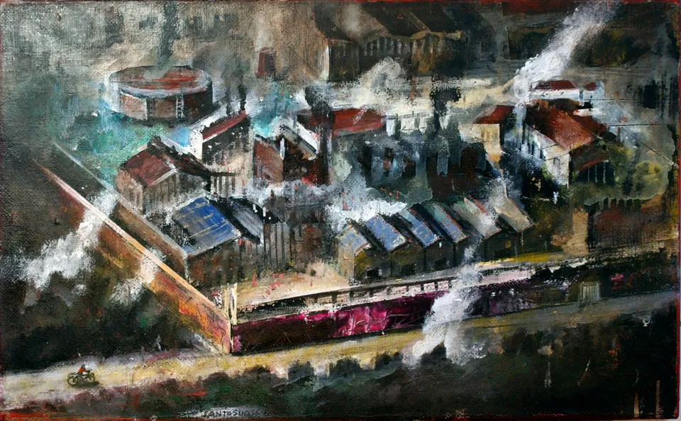 Francesco Santosuosso, Piccola fabbrichetta lombarda, 2009, acrilico su tela, 27×42 cm
