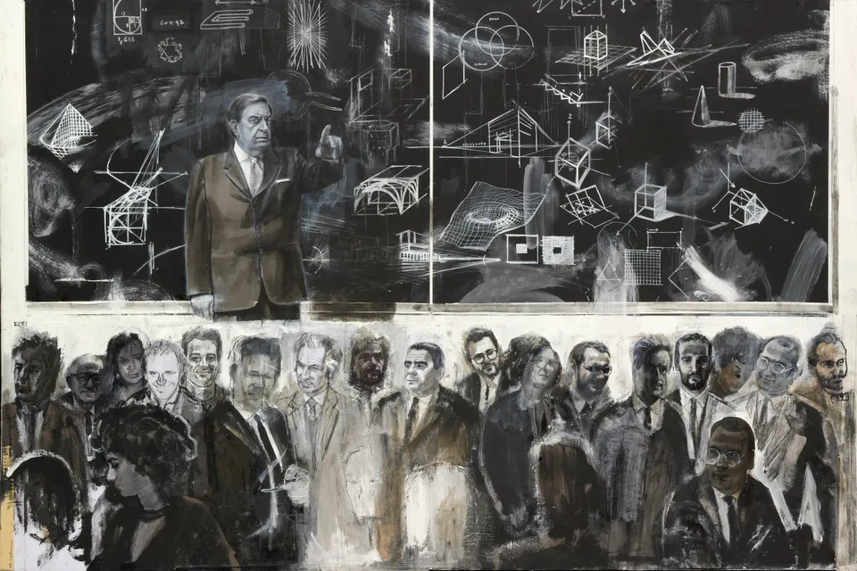 Francesco Santosuosso, Politecnico, 1989, tecnica mista su tela, 100×150 cm