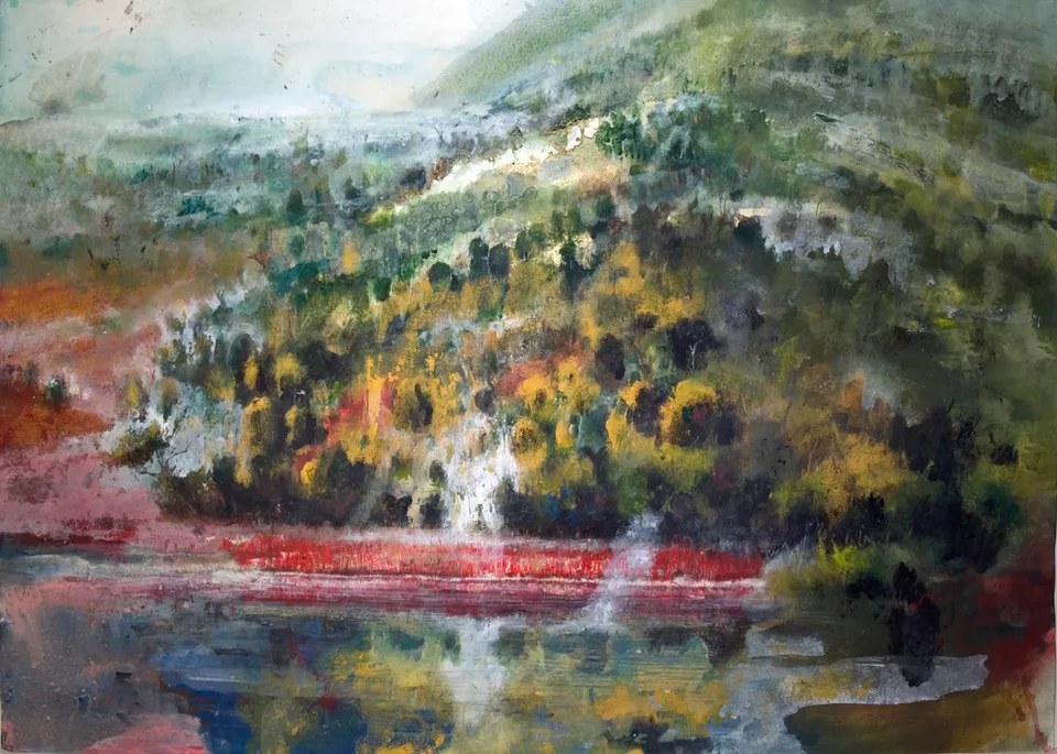 Francesco Santosuosso, Red reeds, 2017, acquarello olio acrilico su carta, 70×100 cm