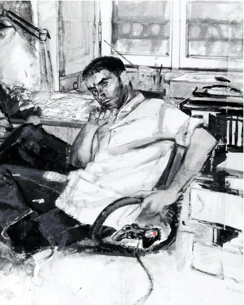 Francesco Santosuosso, Ritratto di StefanoTognetti, 2007, tecnica mista su carta intelata, 100×150 cm