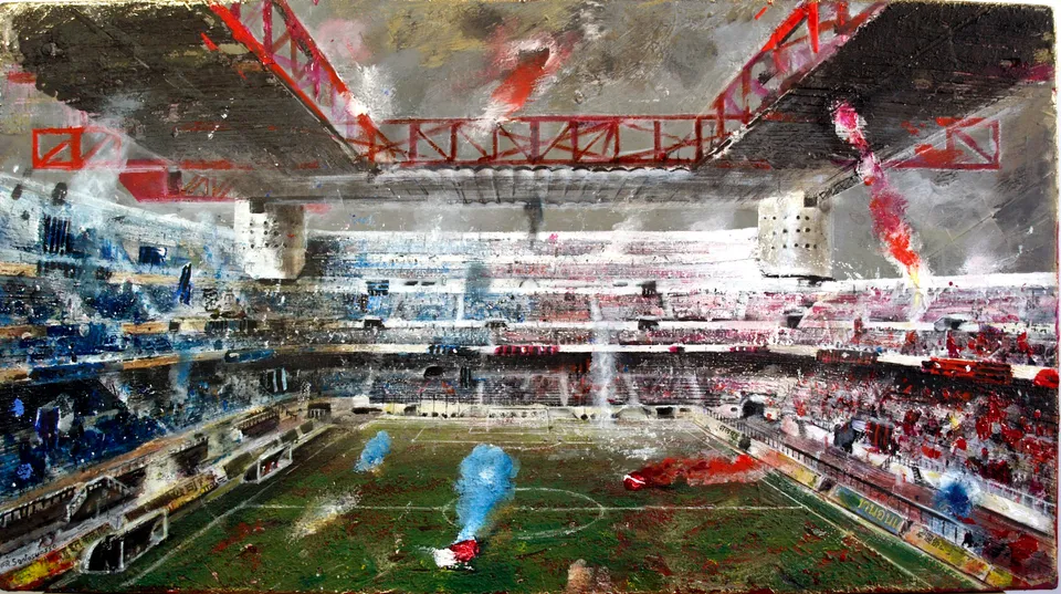Francesco Santosuosso, SAN SIRO derby, 2009, acrilico su tavola, 30×55 cm