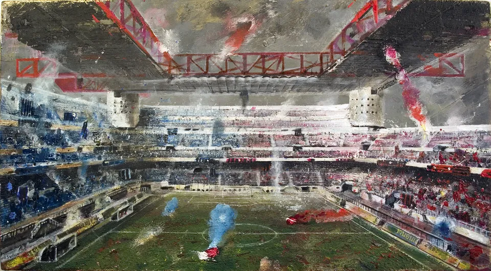 Francesco Santosuosso, San-siro-derby, acrilico, 70×100 cm