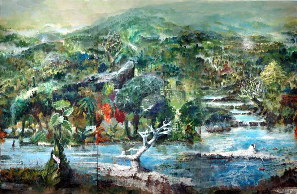 Francesco Santosuosso, SUPERNATURA, trittico su tela, 2017, 200×300 cm