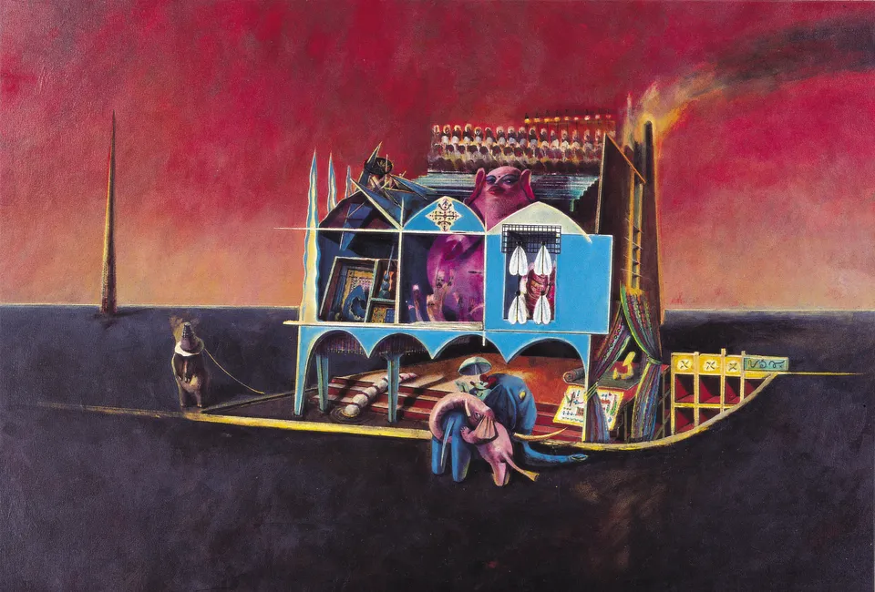 Francesco Santosuosso, Teatrino Indiano, 1988, acrilico su cartone, 50×70 cm