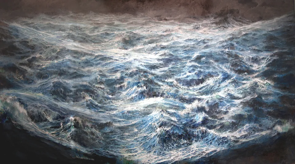 Francesco Santosuosso, Tempesta sull' oceano primordiale, 2019, olio e acrilico su tela, 210×360 cm