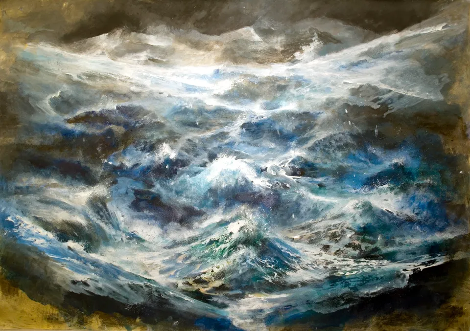 Francesco Santosuosso, Tempesta sull'oceano primordiale, 2017, acquarello olio acrilico su carta, 70×100 cm