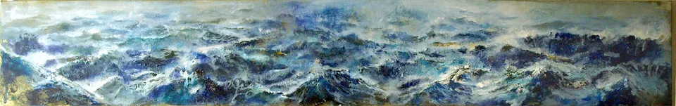 Francesco Santosuosso, Tempesta sull'oceano primordiale, 2015, olio e acrilico su tela, 23×150 cm