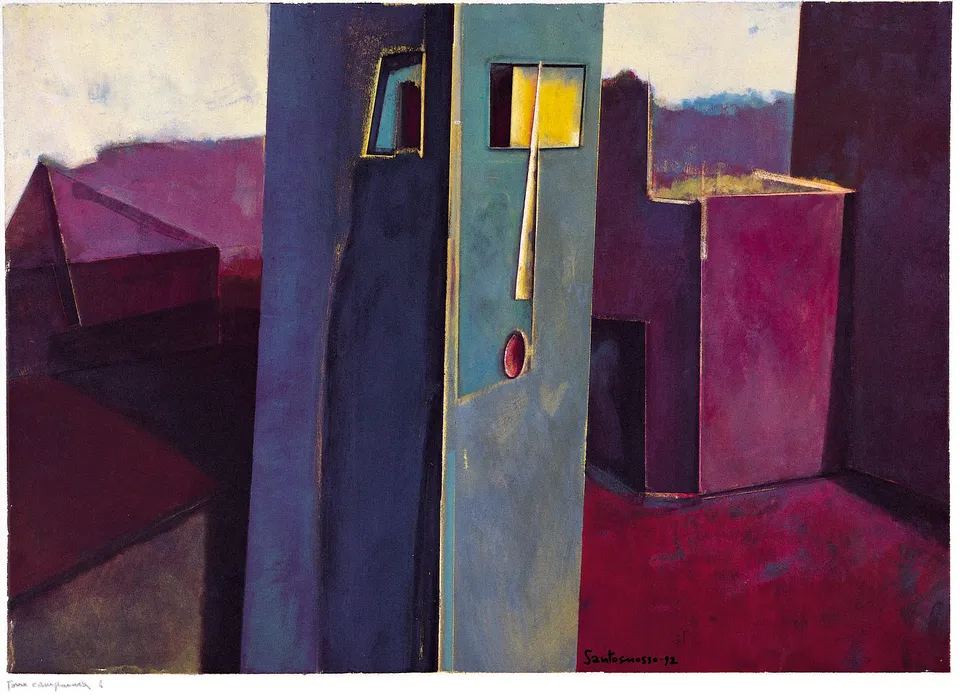 Francesco Santosuosso, Torre, 1992, olio e acrilico su cartone, 70×50 cm