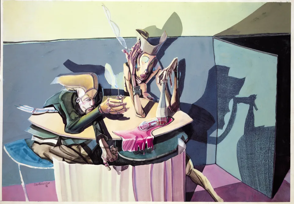 Francesco Santosuosso, Toys party, 1988, acrilico su cartone, 50×70 cm