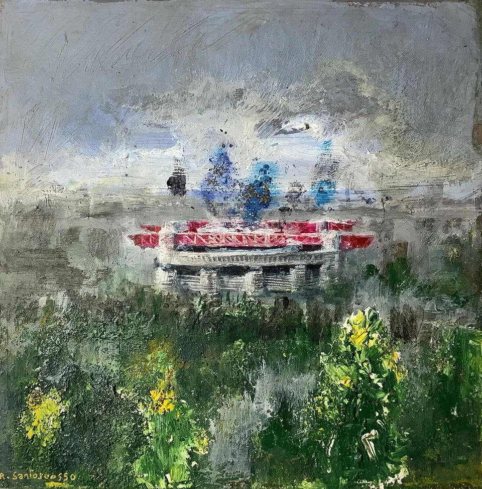 Francesco Santosuosso, Una grande nebbia a SAN SIRO 1, 2021, olio e acrilico su tavola, 20×20 cm