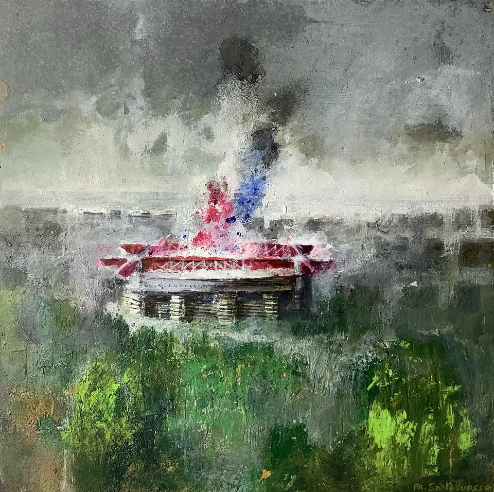 Francesco Santosuosso, Una grande nebbia a SAN SIRO 4, 2021, olio e acrilico su tavola, 20×20 cm