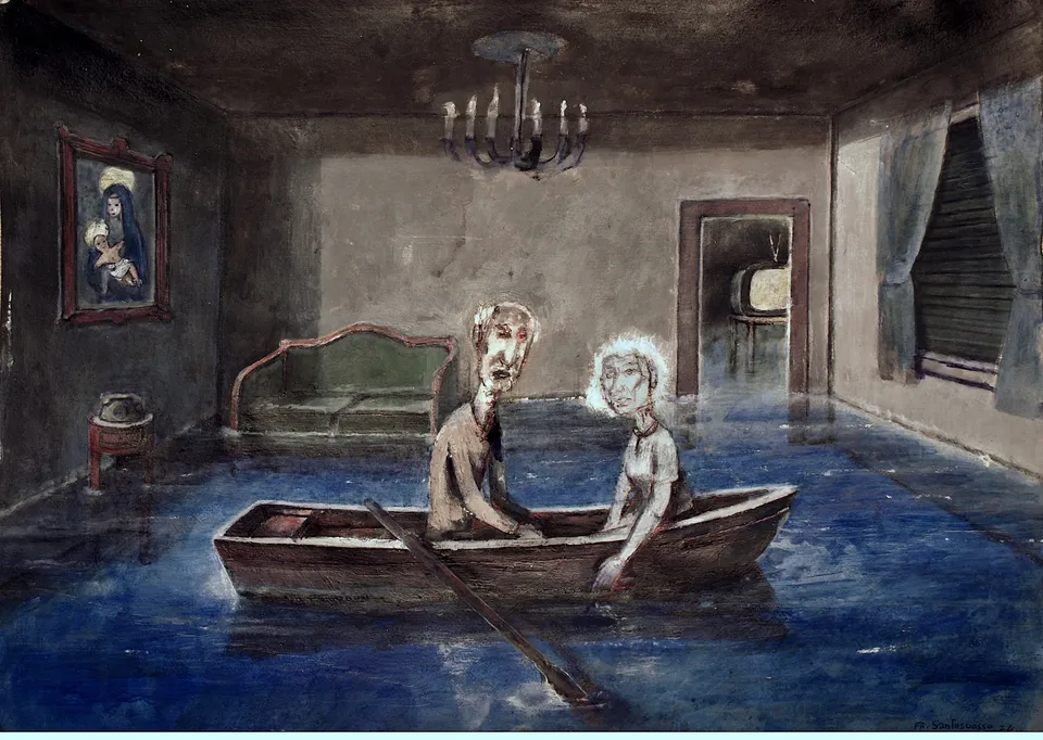 Francesco Santosuosso, Vittorio e la mamma remano insieme, 2024, acrilico su carta, 35×50 cm
